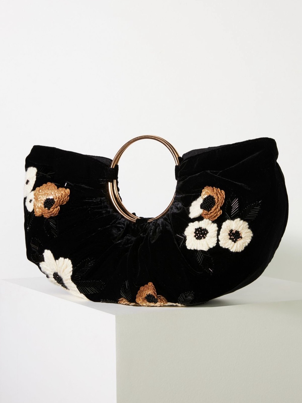 BRAND NEW Anthropologie Floral Half-Moon Black Velvet Bag